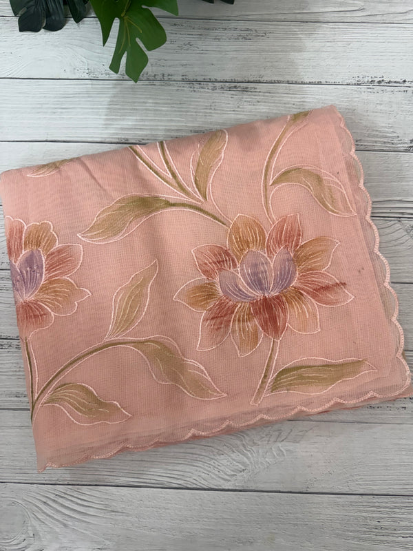 Supernet saree with embroidery and handpainting MSH104- PastelPeach