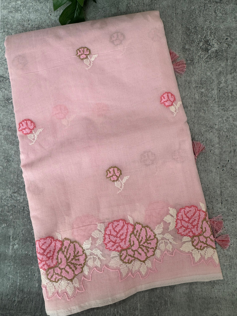 Supernet saree with cross stitch embroidery MSH116- Pink