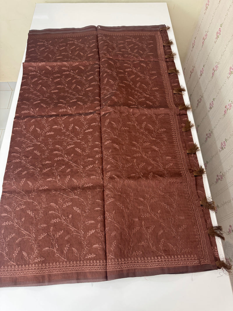 Blended tussar saree with thread work MTS9078- DarkBrown