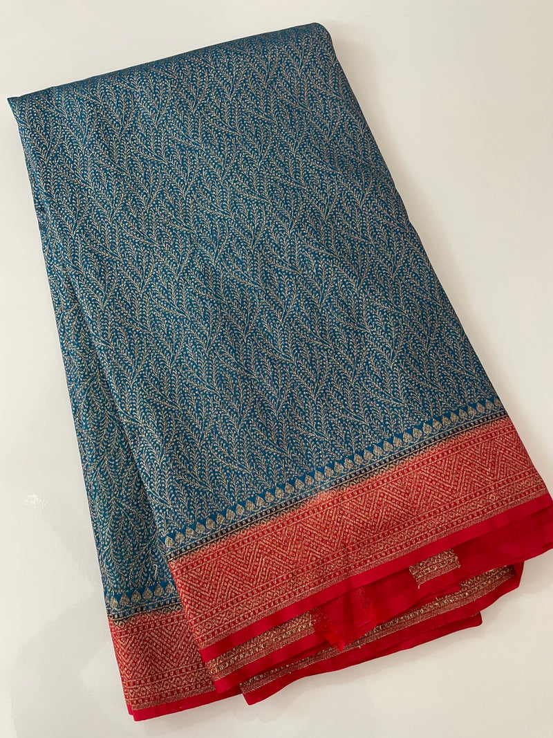 Banarasi semi katan saree with contrast border SHKNTNM- OceanaBlue to Red
