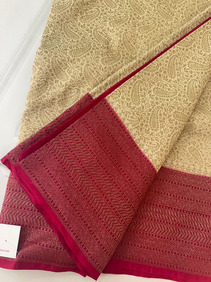 Semi katan Banarasi saree with antique zari weaving MSKZ249 Cream & RaniPink