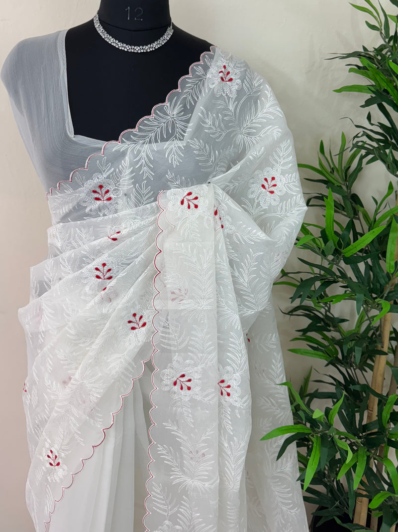 Soft oraganza saree with embroidery  MOS78  White & Red