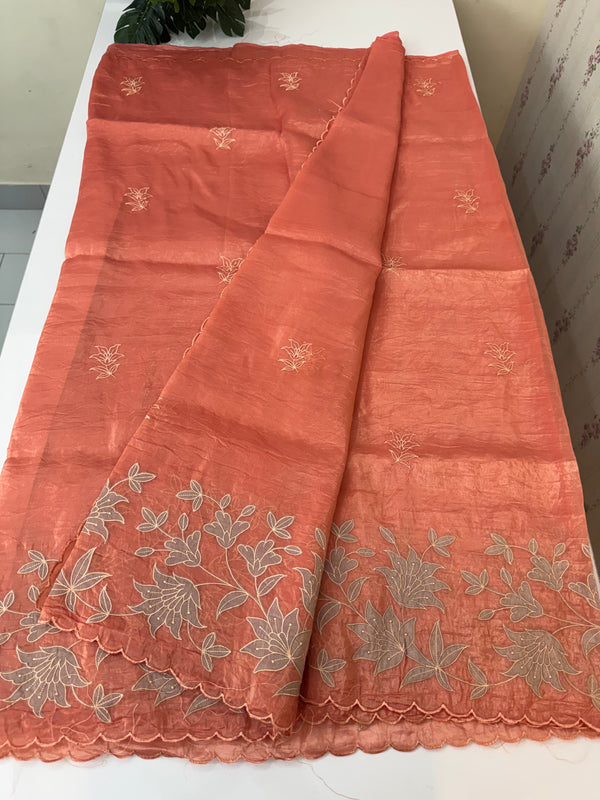 Crush Organza applique work saree MS14589 - Peach