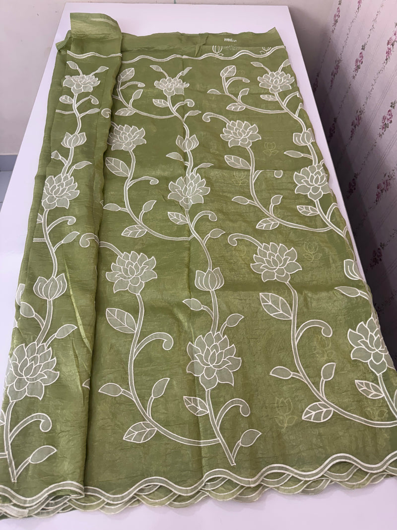 Crush Organza Applique work saree MS14987- Green