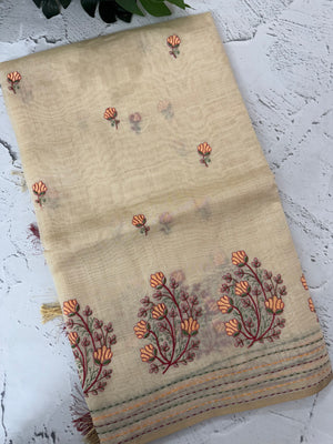 Semi chanderi saree kanta embriodery MSF590 - Cream