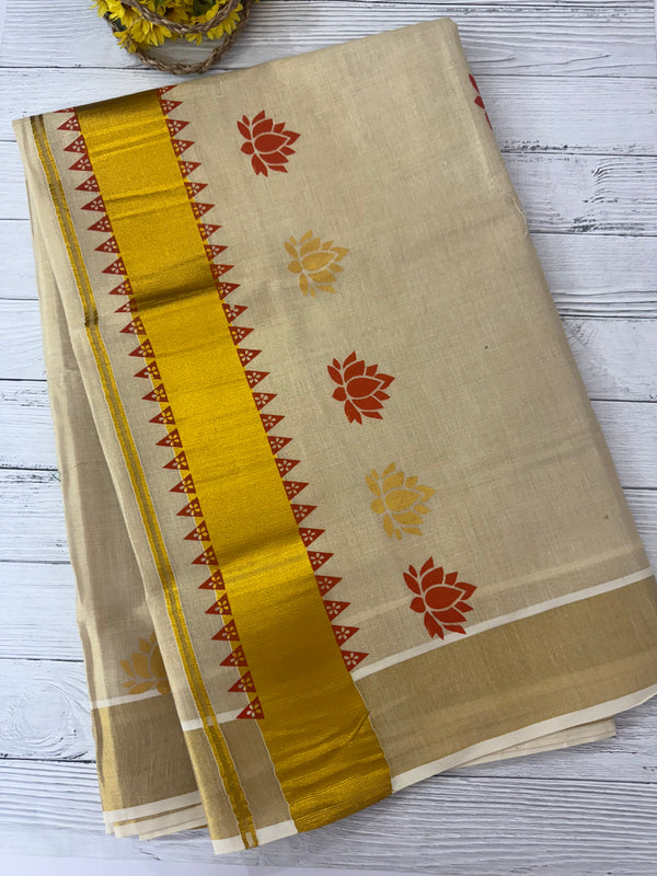 Kerala Lotus printed tissue saree- Orange