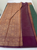 Semi silk saree with checks zari weaving MS81543- Green to Wine