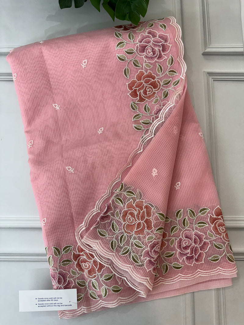 Embriodery kota silk saree MNEKS421 Pink