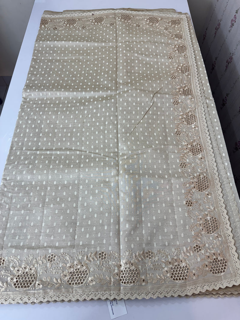 Cutwork blended tussar saree   - Cream MS5222
