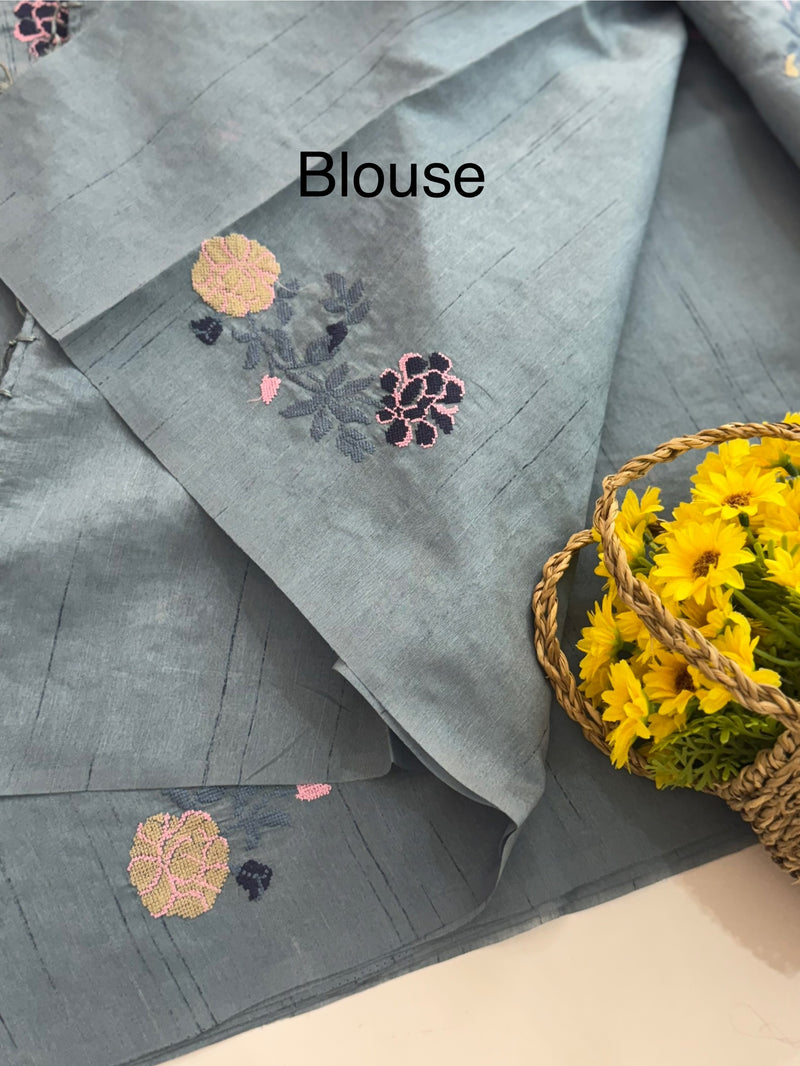 Blended Matka Tussar silk saree with cross stitch embroidery MS4899 - Greyish Blue