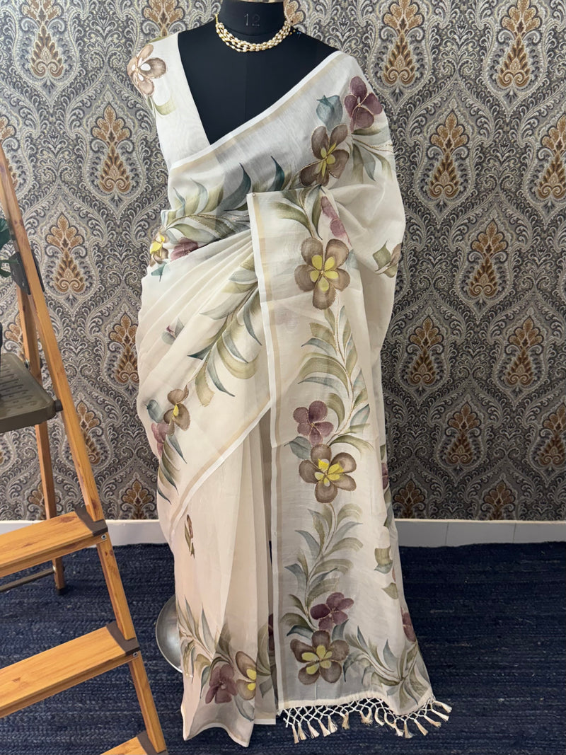Handpainted Chanderi tissue silk saree MS78944