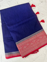 Jute silk sarees with contrast pallu & blouse MJL399 DarkBlue to Blue