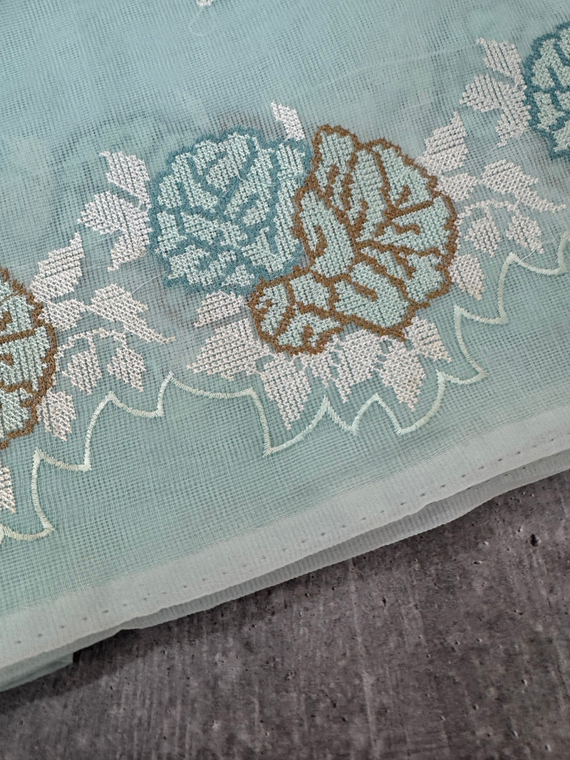 Supernet saree with cross stitch embroidery MSH116 - LightBlue