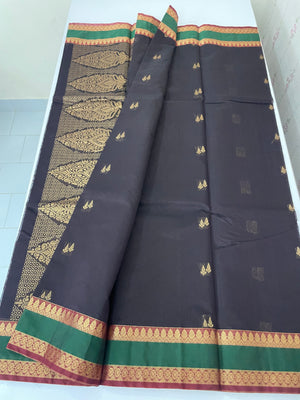 Kanchi Silk cotton saree with zari weaving - MSK897 Coffee to Green