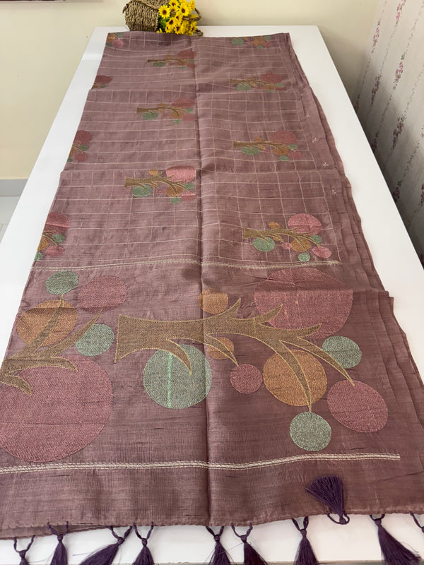 Crushed Blended tussar silk saree with embroidery- SNFCYEY Dusky Mauve
