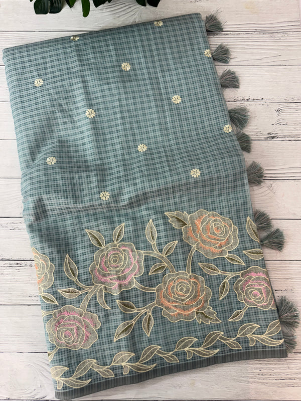 Applique and embroidery work 
 Kota Silk saree MSH118- DuskyBlue