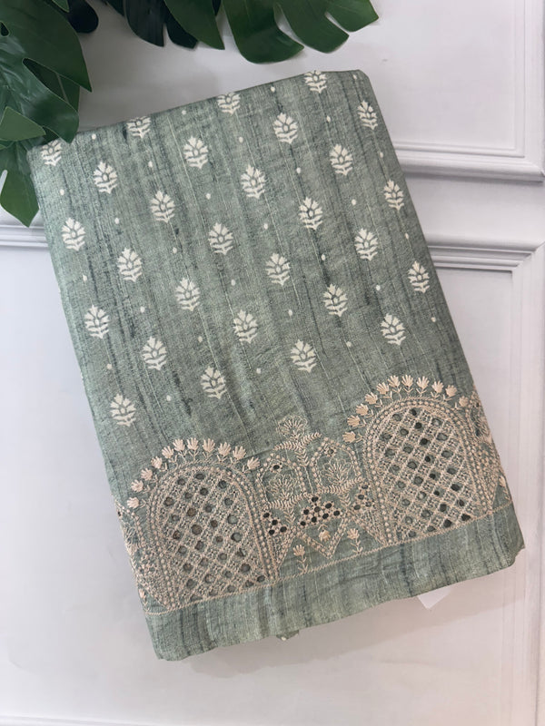 Cutwork blended tussar saree SNFNICY PastelGreen