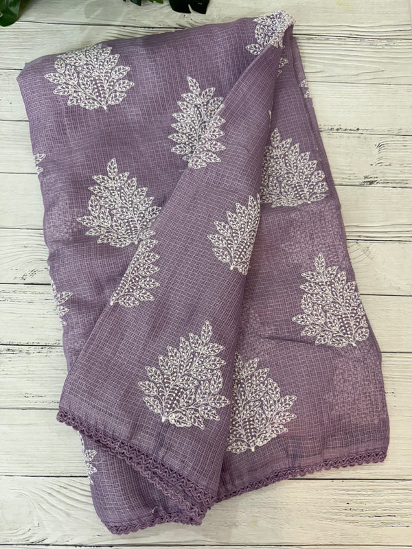 Soft kota checks saree with embroidery - SVTS23 Lavender