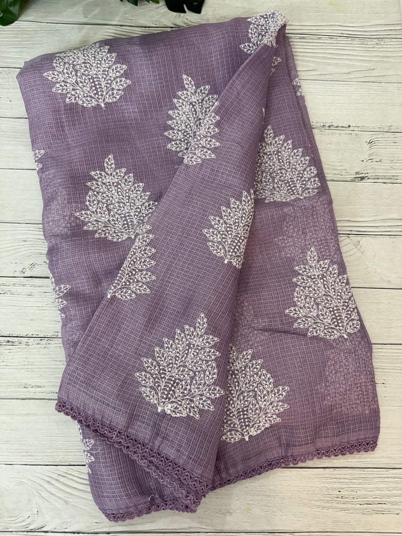 Soft kota checks saree with embroidery - SVTS23 Lavender