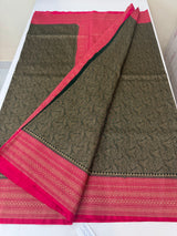 Banarasi semi katan saree with contrast border MS6665- DarkGreen to Pink