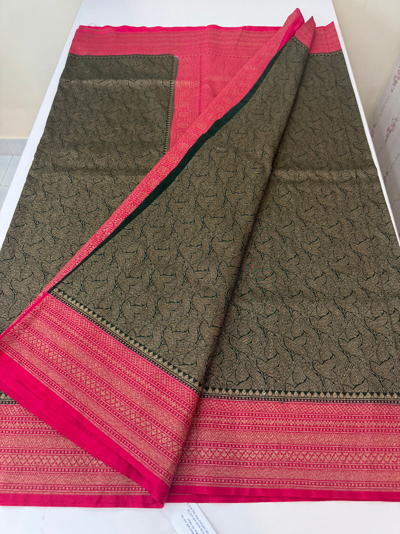 Banarasi semi katan saree with contrast border MS6665- DarkGreen to Pink