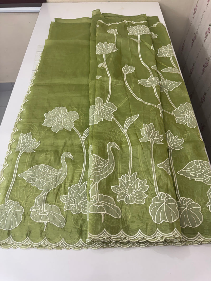 Crush Organza Applique work saree MS14987- Green