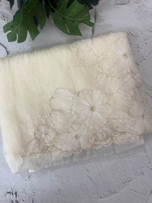 Handworked Tissue Organza Applique work saree MS15203- Offwhite
