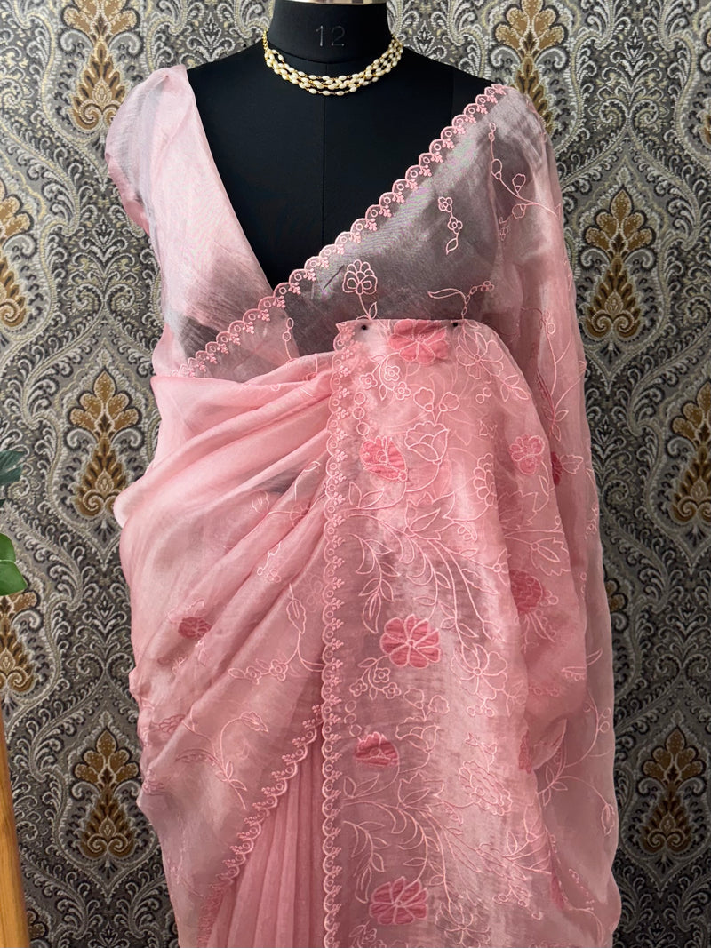 Tissue Organza Applique work saree MS14053- PeachPink