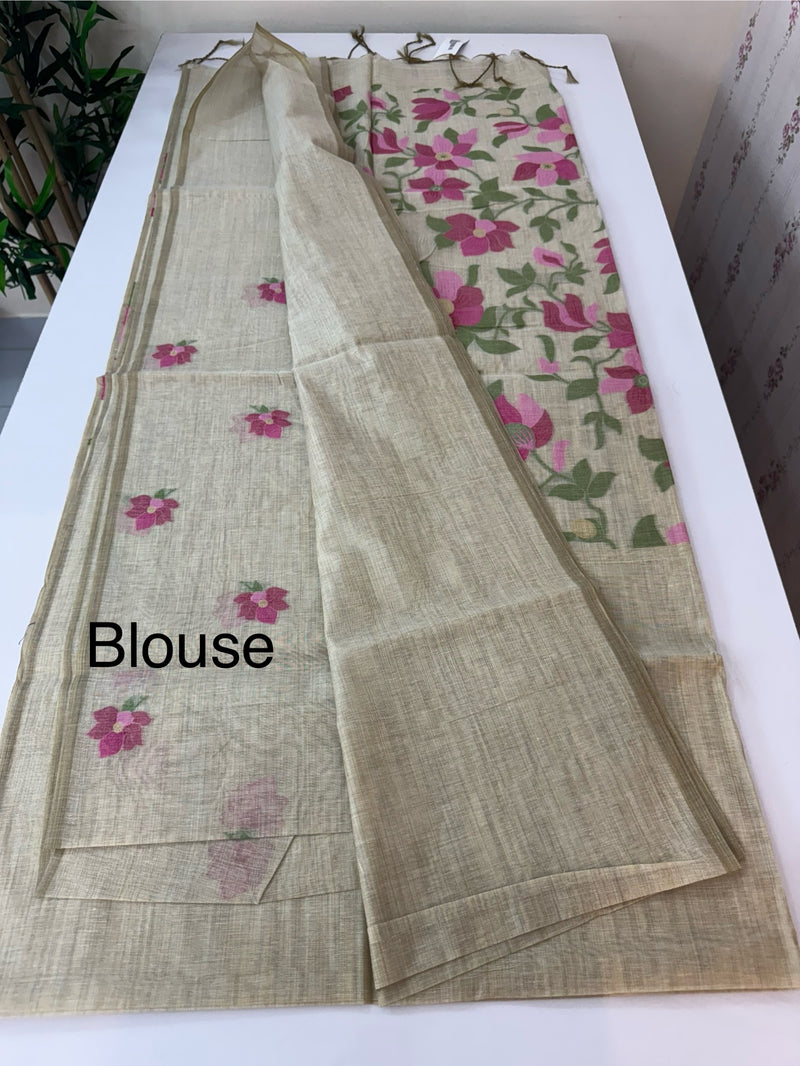 Jamdani Cotton Saree with plain body and Floral Jamdani blouse MS12552