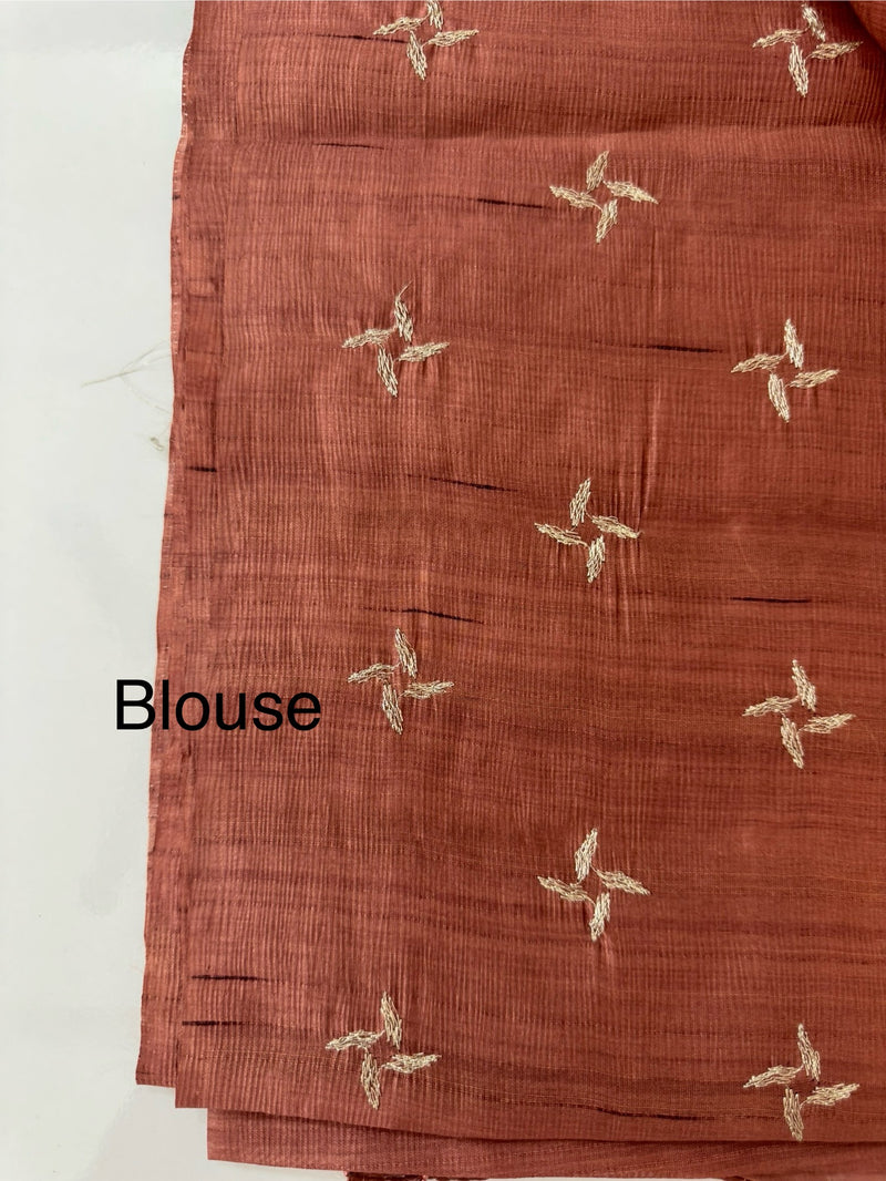 Crushed Blended tussar silk saree with embroidery- SNFCYEY Pinkish Brown