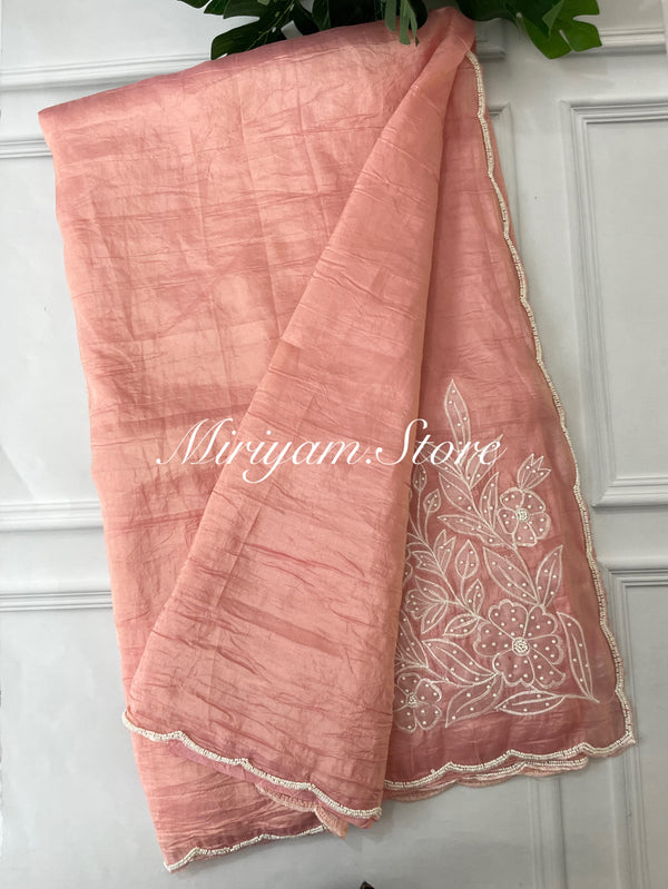 Designer Embroidery Organza Saree with applique work FCAD121 pastel peach