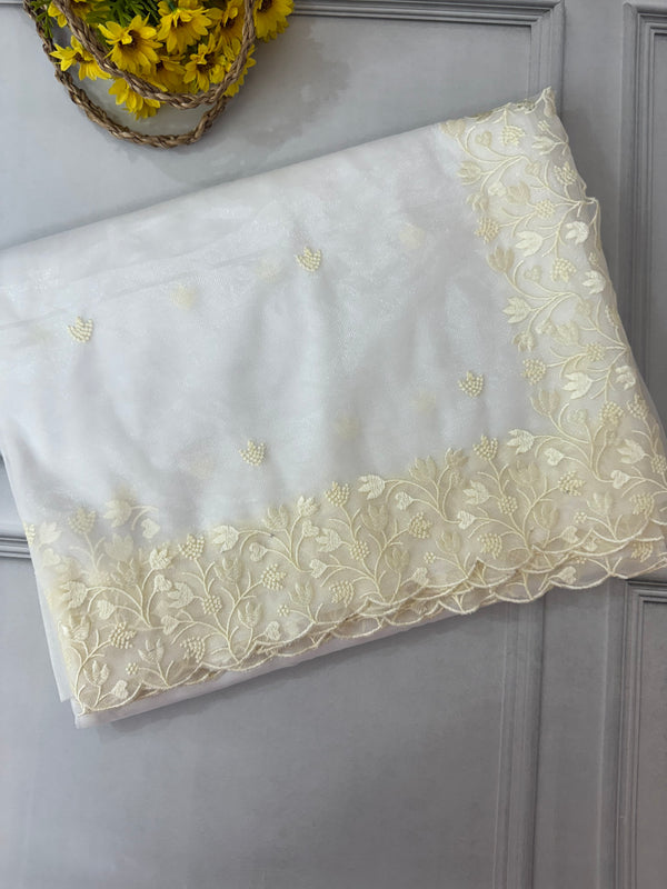 Glassy tissue organza saree with embroidery FKSF88- Offwhite