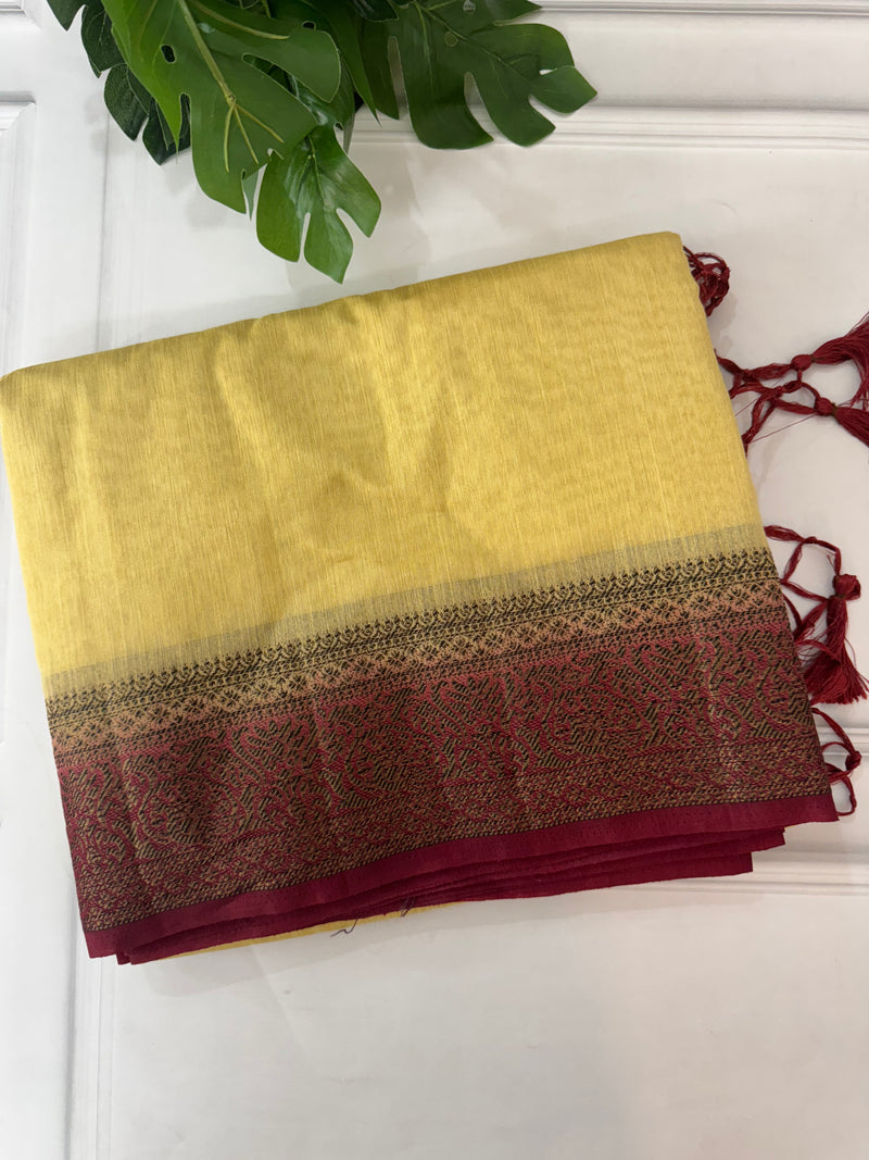 Jute silk sarees with contrast pallu & blouse MJL390 CreamyYellow to MaroonRed