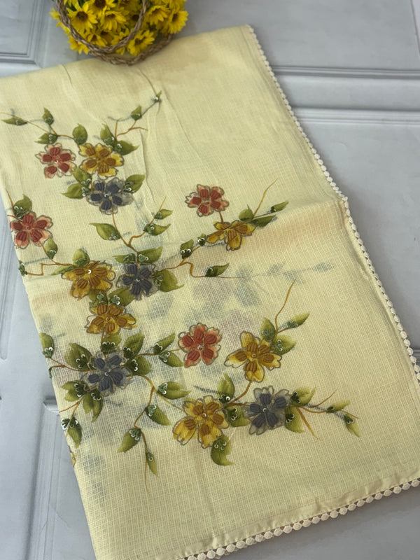 Soft kota silk saree with handpainting & embroidery MS14953 PastelYellow