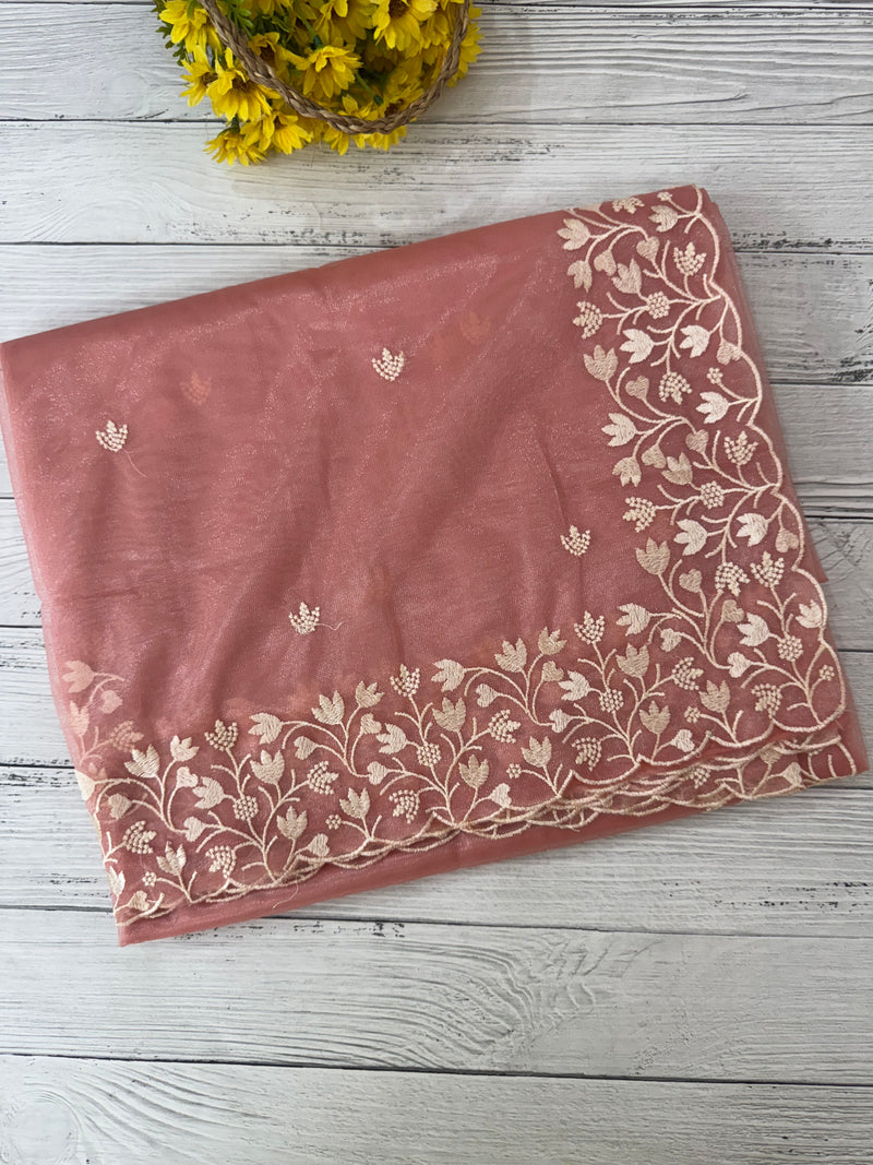 Glassy tissue organza saree with embroidery FKSF88-Peach