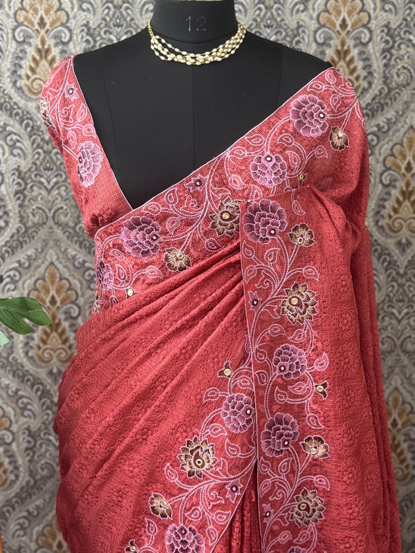 Phulkari NetKota embroidery saree - MPKS905 BRICK