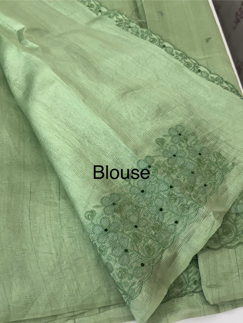 Crushed Blended tussar silk saree with embroidery- MSB7982 DuskyGreen