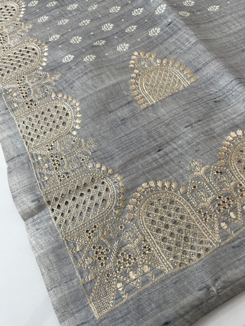 Cutwork blended tussar saree SNFNICY Pastel BluishGrey