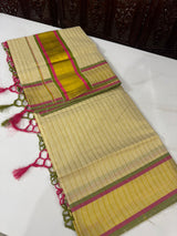 Kerala Golden tissue saree Lines - Pink & Green