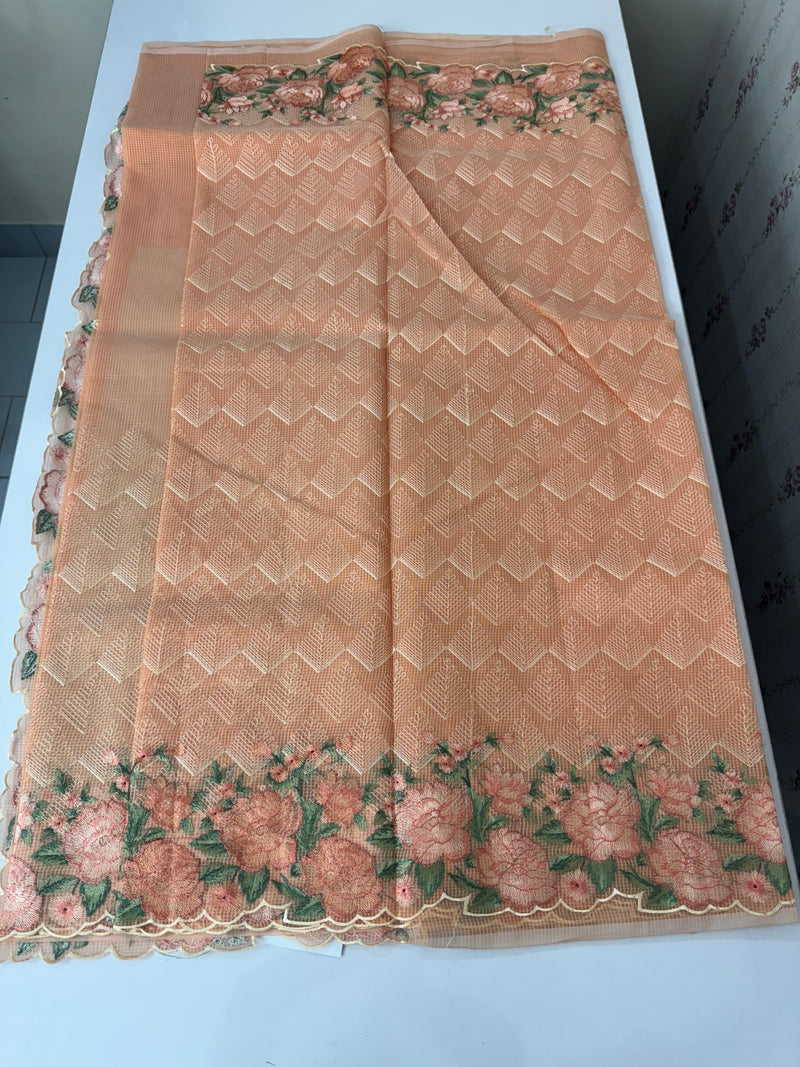 Phulkari NetKota embroidery saree - MPKS905 Peach