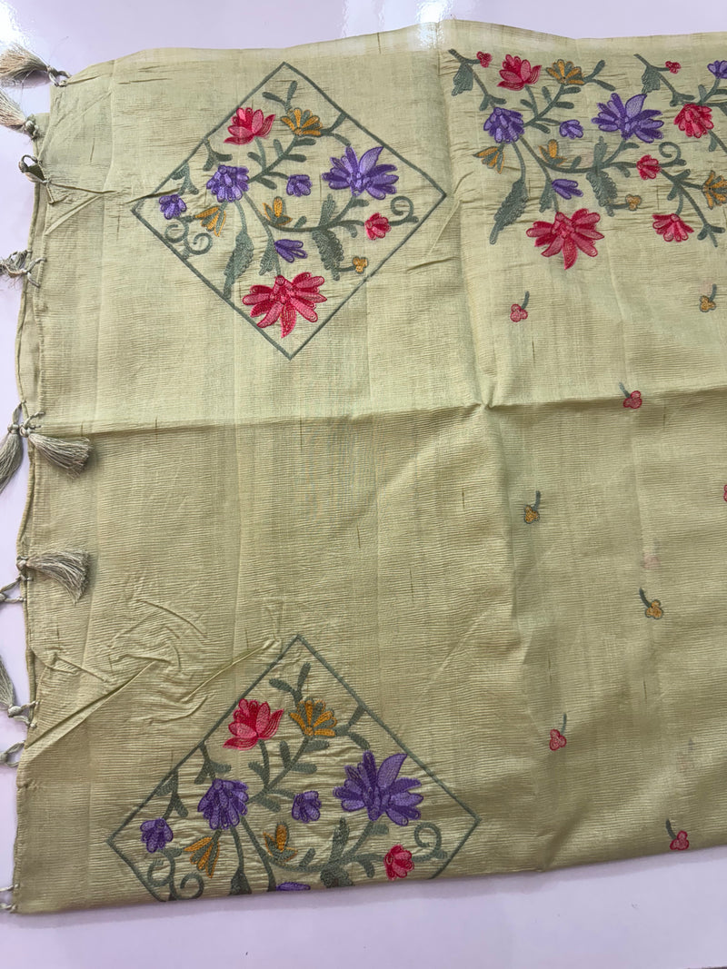 Crushed Blended tussar silk saree with embroidery- SNFCYEY - PastelGreen