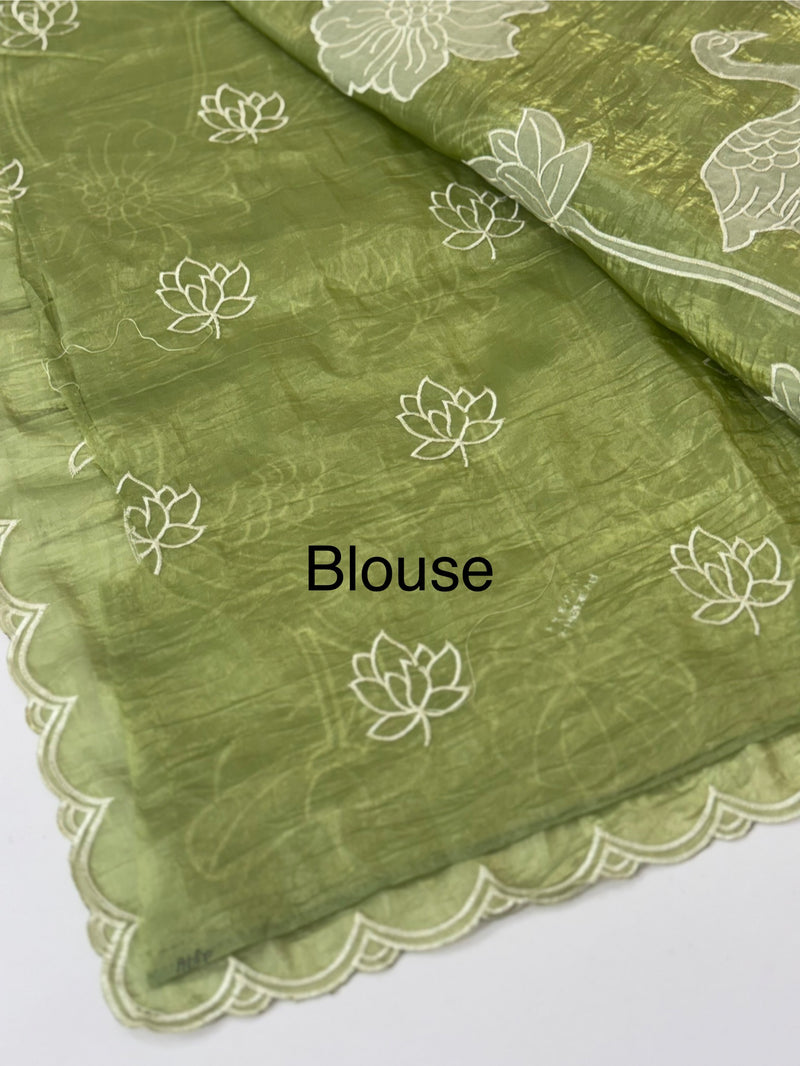 Crush Organza Applique work saree MS14987- Green