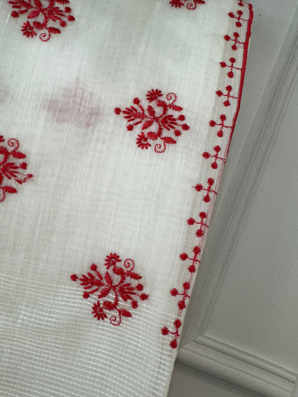 Slub cotton embroidery saree MSCB658 White & Red