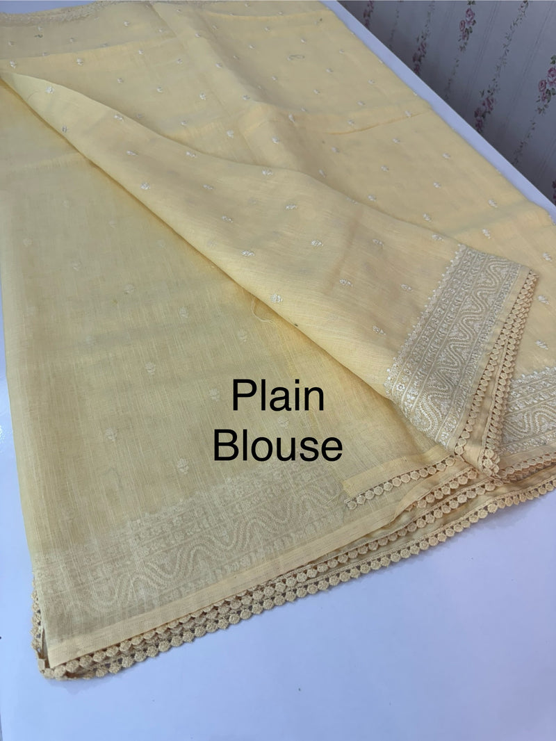 Semi linen saree with chikanakari embroidery- MS15086 PastelYellow