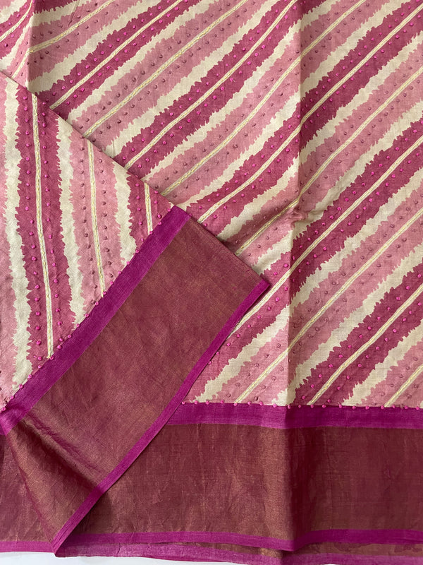 Pure tussar silk saree with knotted embroidery & zari border- MTSS659