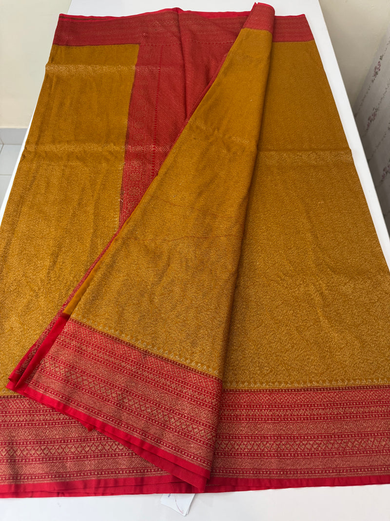 Banarasi semi katan saree with contrast border MS6665- Mustard to Red