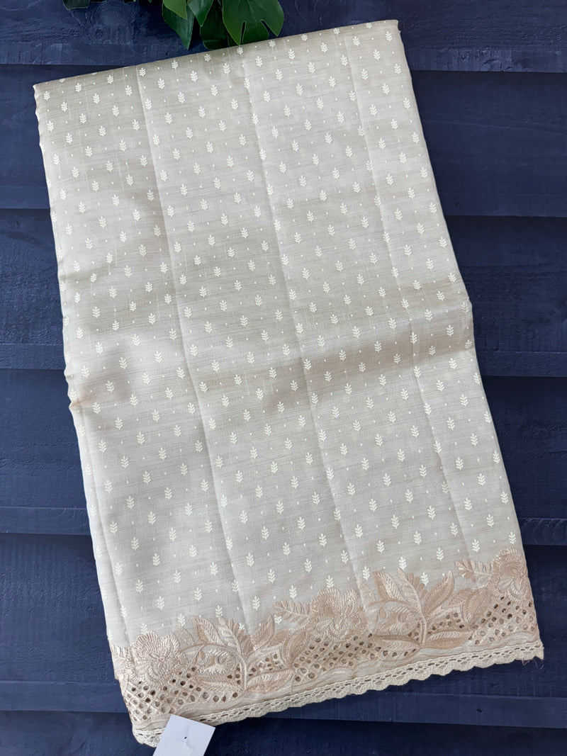 Cutwork blended tussar saree   - Cream MS5222
