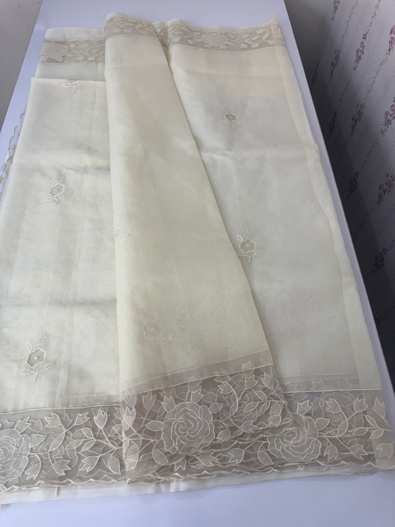 Viscose Organza saree with applique work-MSH101 Beige