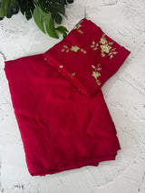 Plain crushed chiffon georgette saree with handworked blouse - MCB657 Crimson Pink