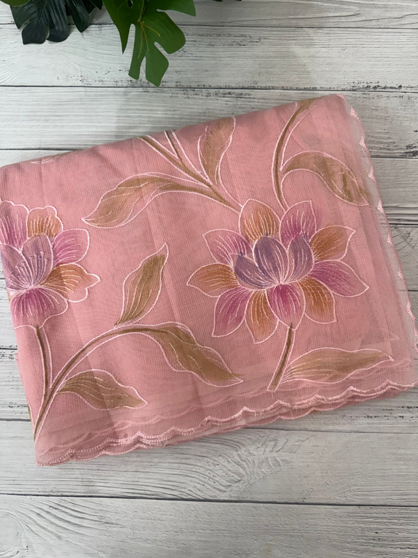 Supernet saree with embroidery and handpainting MSH104- Pastel PeachPink